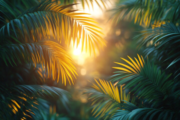 Golden Sunlight Illuminates Lush Tropical Palm Fronds