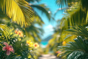 Lush Tropical Paradise Path Palm Trees Flowers