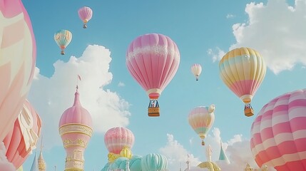 Naklejka premium Pastel hot air balloons festival, fairground, sky