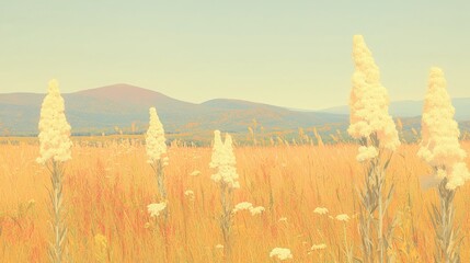 Autumnal mountain meadow; wildflowers, grasses; scenic background; nature photography; website, calendar