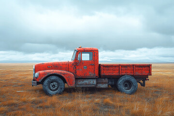 Rusted red truck sits in a vast field under a cloudy sky