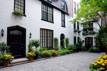 Fototapeta premium Charming cobblestone courtyard with vibrant flowers and lush greenery located in a quaint neighborhood during a sunny day in spring
