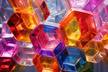 An array of vibrant hexagonal prisms falls gracefully, showcasing a spectrum of colors in a dynamic display of light and form during an artistic installation