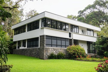 Fototapeta premium Modern architectural design of a two-story white house surrounded by lush greenery in a tranquil suburban setting, showcasing large windows and a unique stone base