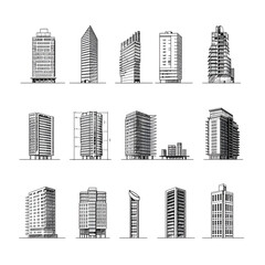 Fototapeta premium Minimalist Outline Illustrations of Diverse Architectural Structures from Modern Skyscrapers to Classic Houses