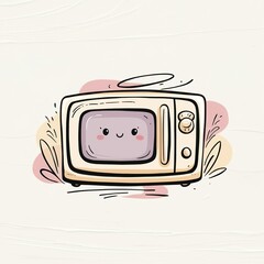 A whimsical hand-drawn clip artwork of an smiling face of a microwave  oven on a crisp white background in a vector style with bold lines, soft curves, and delicate textures. Pastel creamy card	
