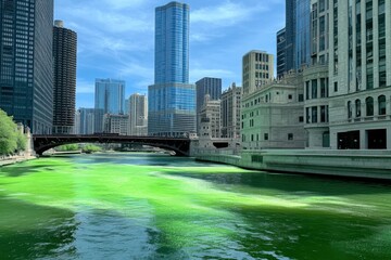 Naklejka premium The bright green river flowing through downtown Chicago presents a stunning display of vibrant colors, creating a picturesque scene against the backdrop of towering skyscrapers.