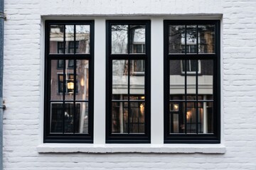 Reflections of urban life captured in three adjacent windows showcasing black frames and the charm of a quiet neighborhood at dusk