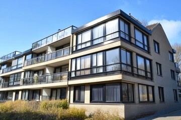 Obraz premium Modern apartment building with large windows in a sunny location surrounded by greenery shows a contemporary architectural design