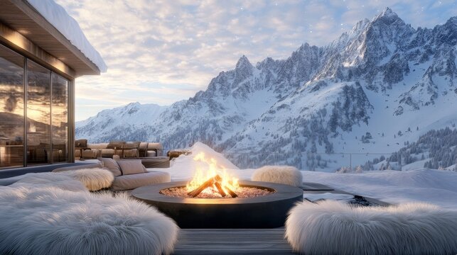 Cozy winter evening by the fire with breathtaking mountain views and fluffy seating arrangements at a luxurious chalet retreat