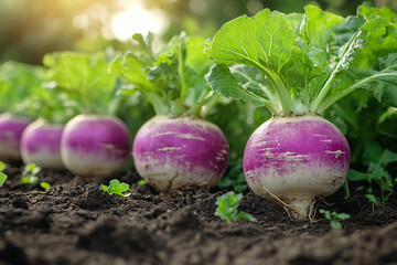 Ripe Purple Turnips Growing in a Garden Bed
