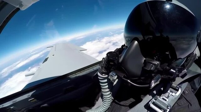 fighter jet pilot wearing a helmet and oxygen mask in the cockpit is flying high above the clouds