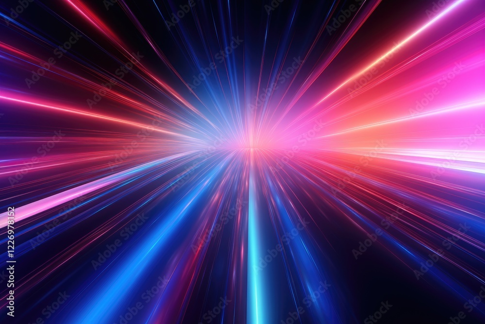 Poster vibrant abstract composition with blurred lines and neon lights in a dynamic burst of color creating