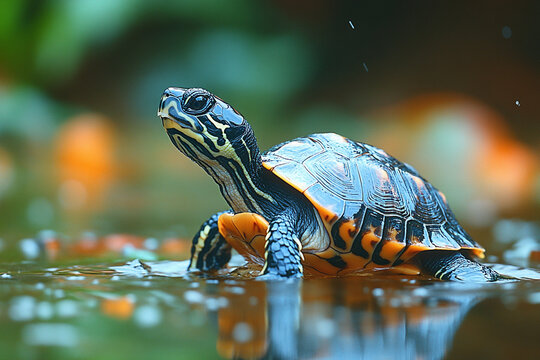 Young turtle in water displaying vibrant colors