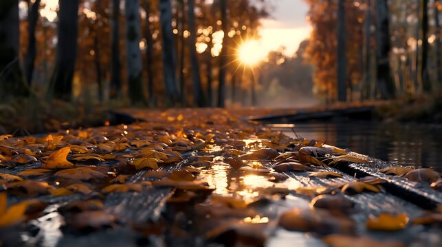 beautiful landscape wallpaper, A mesmerizing autumn landscape, featuring a dense forest with golden-orange foliage, a tranquil river reflecting the warm hues of fall
