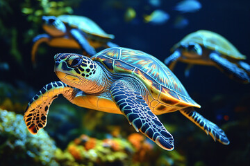 Fototapeta premium Vibrant Sea Turtle Gracefully Swims Through Ocean Reef