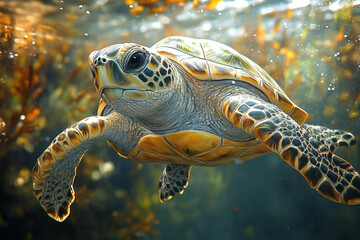 A Sea Turtle Gracefully Swims Underwater