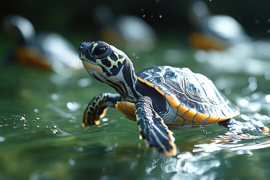 A baby turtle swims in a pond of green water