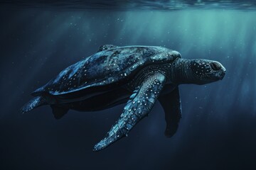 Fototapeta premium A leatherback sea turtle gracefully gliding through the deep ocean waters, illuminated by soft rays of light in the serene underwater environment during a calm day at sea