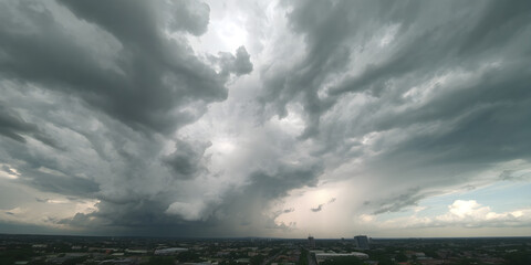 A dramatic perspective of storm clouds churning, transitioning to a wide-angle view of an approaching thunderstorm over a city skyline, 8K clarity