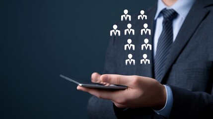 Business professional holding tablet displaying network icons on a dark blue background