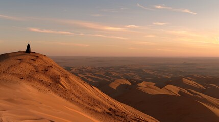 Naklejka premium A surreal desert landscape for wallpaper, featuring rolling sand dunes glowing in the golden light of sunset, deep shadows accentuating the textures