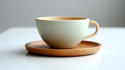 A single ceramic teacup on a wooden saucer, styled on a clean white surface. picture