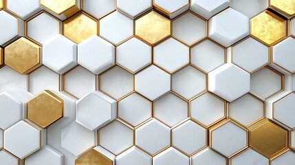 3D white and gold color hexagon tiles pattern shape background