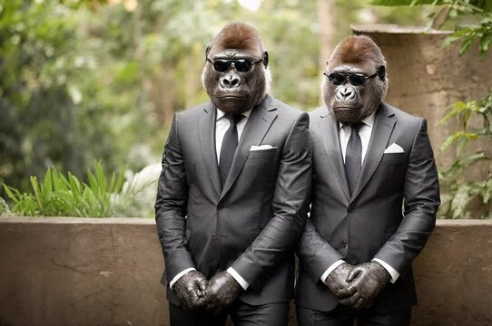 Two gorillas in business suits sit still and look into the camera. Long, looking into the camera. Old camera style. generated, AI,