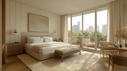 Modern bedroom, city view, sunlit, calm, design inspiration
