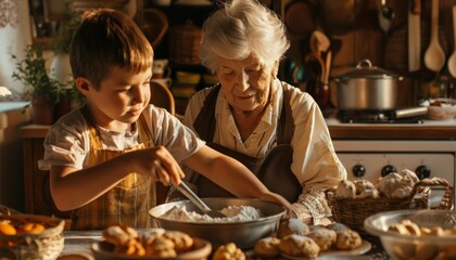 Nonna in cucina, che insegna al nipote come fare i biscotti, con gli ingredienti sparsi sul tavolo. Atmosfera accogliente e familiare