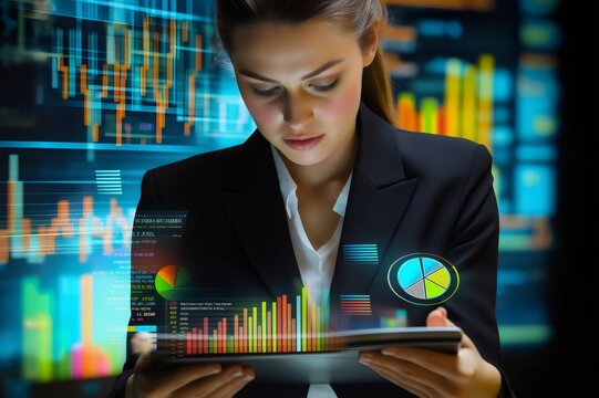 Businesswoman analyzing holographic bar graphs and pie charts projected from a tablet with futuristic stock market data visualization in background