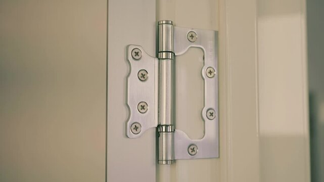 Modern chrome shiny butterfly door hinge on white door jamb. Closeup. Shot in motion