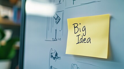 A single post-it note with Big Idea written on it, stuck to a clean whiteboard. picture