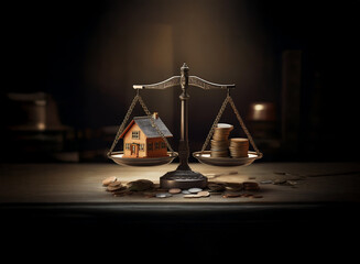 A miniature house and stacks of coins balance on antique scales, symbolizing the cost of homeownership and financial decisions.  The dimly lit setting adds a sense of weight and importance.