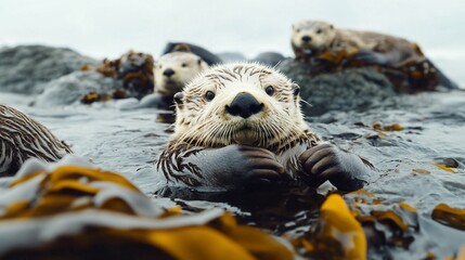 A group of adorable sea otters floats among seaweed in the ocean on a cloudy day