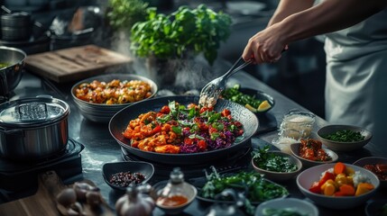 Obraz premium A kitchen scene with multiple dishes being prepared at once.