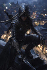 Naklejka premium mysterious female assassin wearing a sleek black leather hooded outfit with detailed stitching and metallic accents, crouched on a rooftop in a moonlit medieval cityscape, gripping a sharp dagger 