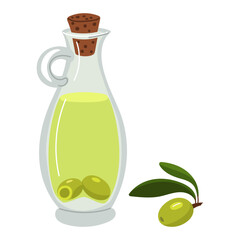 Bottle of homemade Olive oil, closed, with green olives inside. Flat illustration. transparent glass container with handle is covered with cork lid for home use next to branch. recipes for dishes made