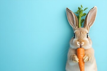 Obraz premium A rabbit is holding a carrot in its mouth