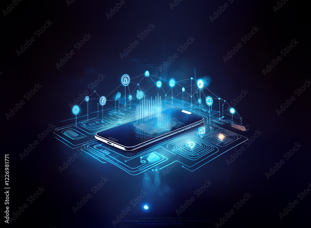 Poster a smartphone rests on a glowing circuit board, surrounded by digital data points and network connect