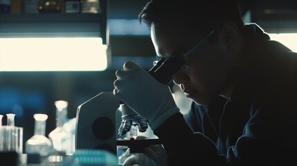 Medical lab technician analyzing blood sample under microscope, conducting research on blood disorders, with test tubes and equipment in lab setting.