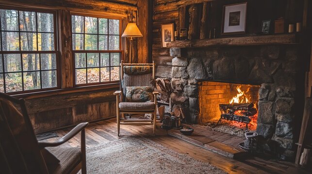 Cozy autumn cabin fireplace relaxation