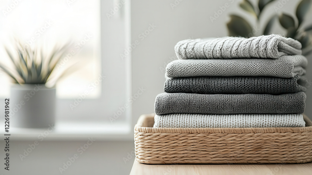 Poster neatly folded towels in woven basket, showcasing minimalist laundry room aesthetic. soft colors and 
