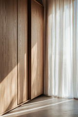 Soft sunlight gently streams through delicate sheer curtains, casting a warm glow over a charming wooden nook in a cozy interior during the afternoon hours