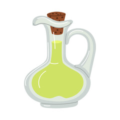 jug of homemade olive oil is closed. The flat illustration is isolated on white. A transparent glass container with a handle is covered with a cork lid for home use. For recipes of natural dishes