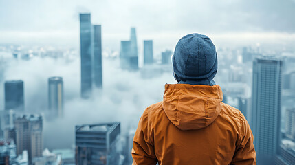 Person in mask overlooking smog-covered city skyline urban environment emotional landscape atmospheric viewpoint social awareness
