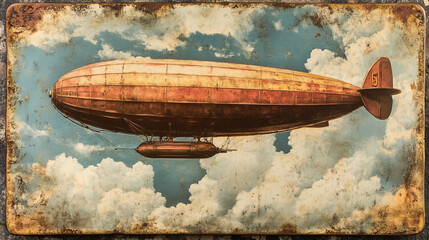 Airship flights and cruises rusty metal plate, vector vintage zeppelin rust tin sign, retro poster, air tours advertising or invitation grunge card. Antique blimp with red flag floating in cloudy sky
