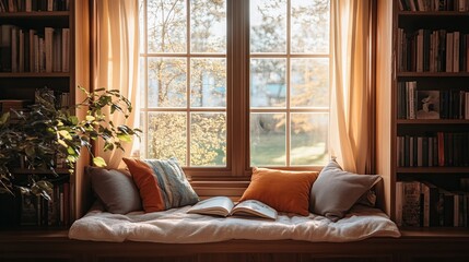 Cozy window seat reading nook, sunlit library, autumn