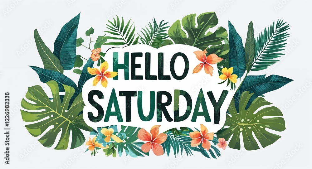 Wall mural hello Saturday lettering with tropical plants leaves and flowers design on plain white background